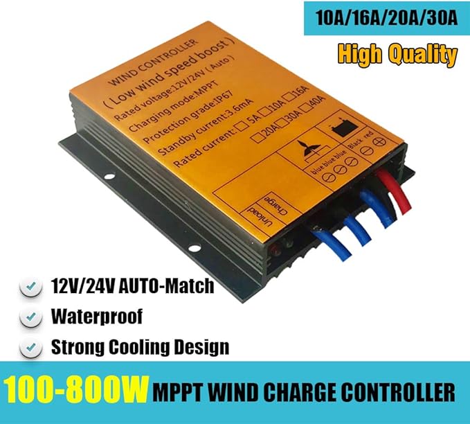 100-800W Wind Controller 12V 24V 48V Water Proof 10A 20A MPPT Rectifier Brake Charging Rectifier Bridge Sliver for Wind Turbine Generator (20A 12V/24V AUTO)