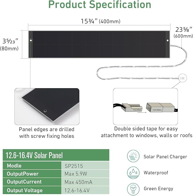 Rollerhouses Solar Panel Charger 12.6V/16.4V 5.9W for Motorized Blinds &amp Shades – 2-Pin Power Connection – Easy Mounting with Adhesive Tape