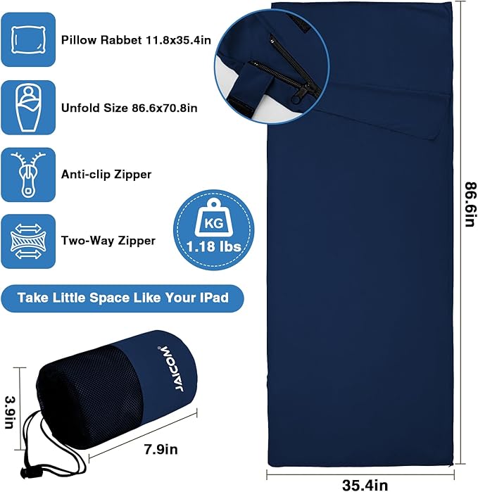 JAICOM Sleeping Bag Liner Travel Sheets &amp Adult Sleep Sack Ultralight and Portable Summer Sleeping Bag - Ideal for Backpacking Hotels and Hostels Business Trips Camping