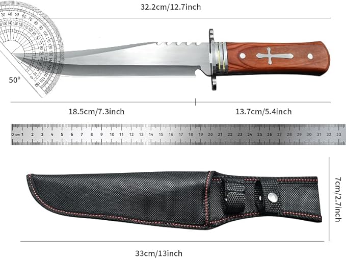 12.7 Fixed Blade Survival Knife with Sheath - Heavy Duty Stainless Steel Bowie Knife for Camping Hunting &amp Bushcraft - Large Solid Wood Handle Outdoor Tool with Sawback