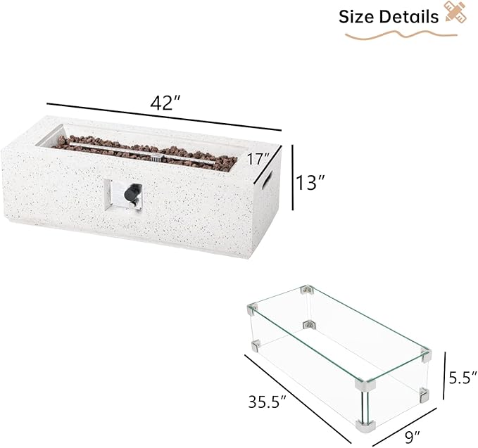 HOMPUS Outdoor Propane Fire Pit 50000 BTU 42-inch x 17-inch Rectangle Concrete Gas Fire Table Outside Smokeless Firepit Furniture with Wind GuradLava Rocks and Rain Cover for GardenDeckBackyard