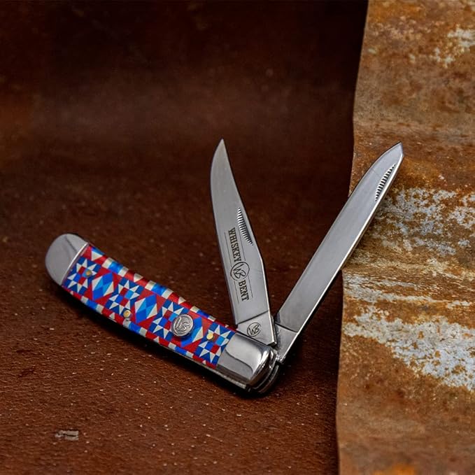 WHISKEY BENT HAT CO. Traditional Trapper Folding Pocket Knife 4.125 Closed Length 440C Stainless Steel Blades (Barn Art)