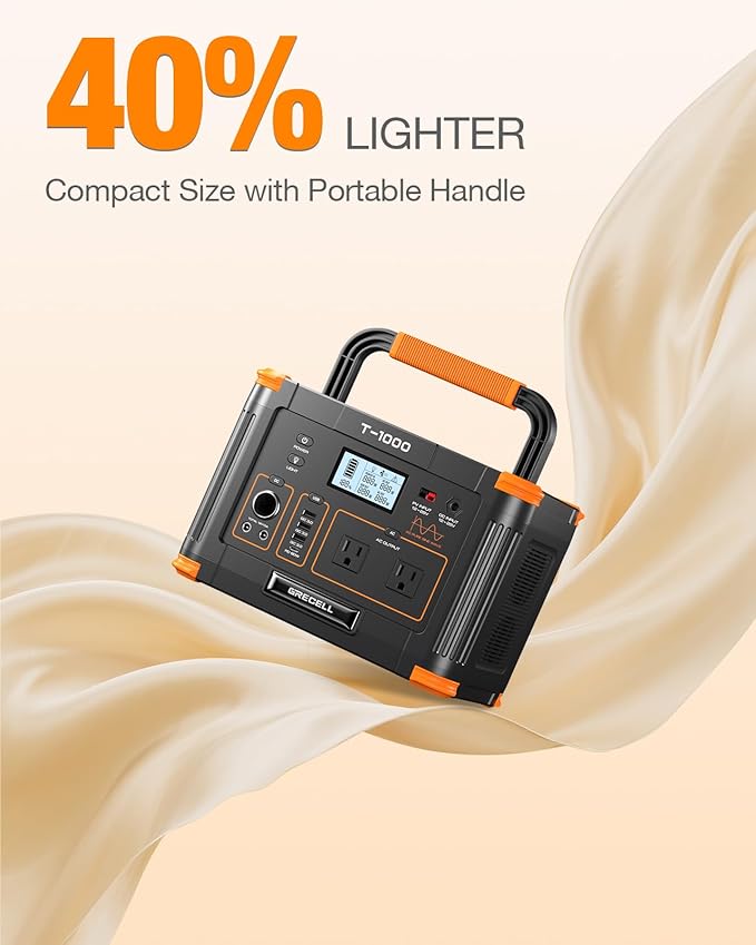 GRECELL 999Wh Solar Generator 1000W Portable Power Station with 60W USB-C PD Output 110V Pure Sine Wave AC Outlet Backup Lithium Battery for Outdoors Camping Travel Hunting Home (Peak 2000W)