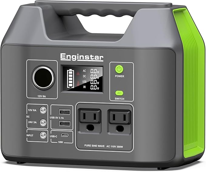 EnginStar Solar Generator 300W Portable Power Station 296Wh Lithium Battery Backup w/Two 110V Pure Sine Wave AC Outlet for Camping Road Trip RV 80000mAh Sufficient Power Supply for Blackout