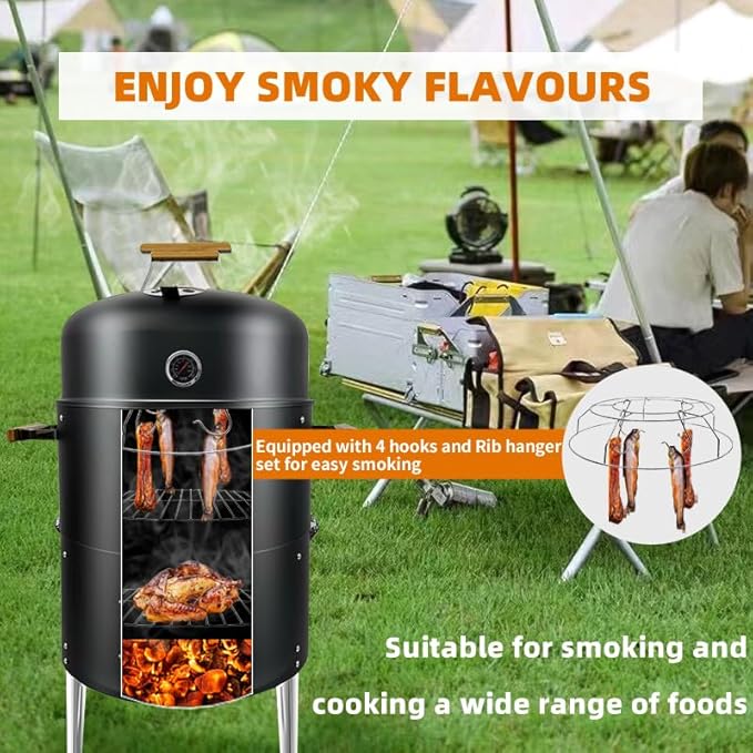 17-1/2 3-IN-1 Smoke grill Built in termometer Air Vent and Access Doors Multi-Layer Heavy duty Smoke BBQ with 3 wooden Handles heavy duty BBQ