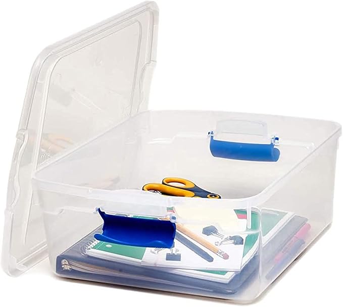 HOMZ 8-Pack Secure Latch Clear Plastic Storage Organizer Bins 15.5 Quart Blue Latches - Stackable Organizing Containers for Home Garage and Office