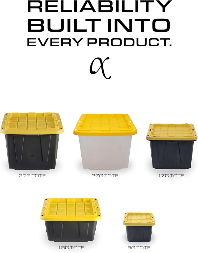CX BLACK &amp YELLOW 12-Gallon Heavy Duty Storage Bins with Lids Stackable Plastic Storage Bins with Weather-Resistant Design Home Organization 6 Pack (12.51H x 16.3W x 21.8D)