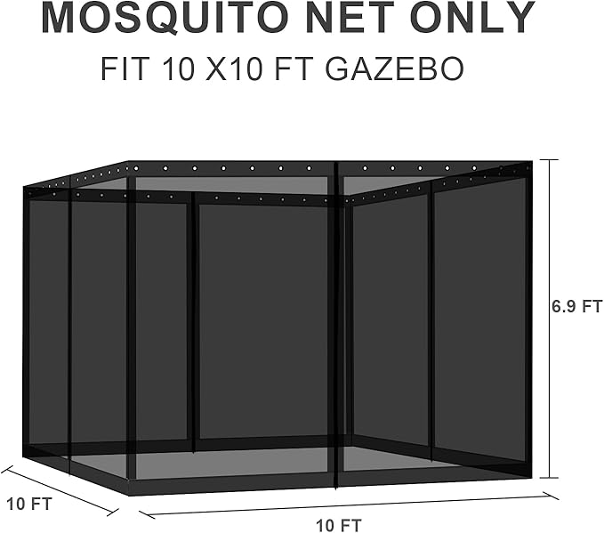 BPS 10' x 10' Gazebo Universal Mosquito Netting Screen Replacement 4-Panel Mesh Screen Walls with Double Zippers for Outdoor Patio Khaki (Mosquito Net Only)