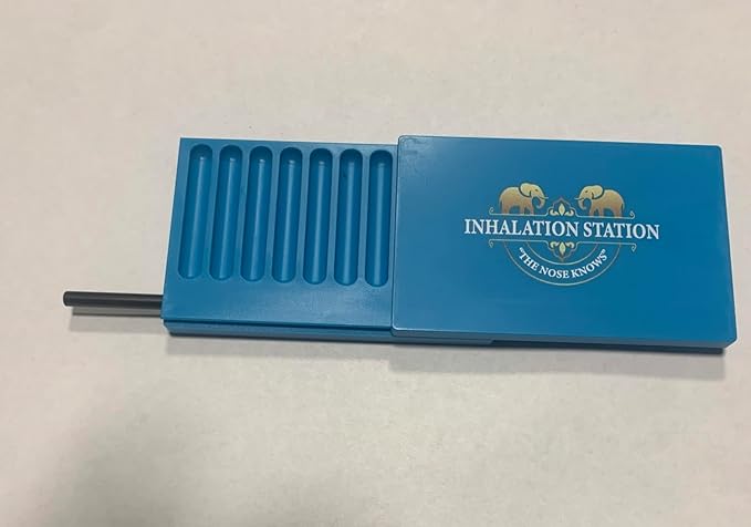 Inhalation Station Turquoise Blue 7 Slot Snuff Storage Box w/Built in Slim 3 Metal Straw Portable Travel Case