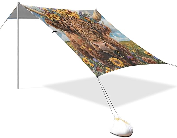 ALAZA Wreath Wearing Highland Cow Beach Tent Sun Shelter Portable Canopy Sunshade for Outdoor Camping Picnics Backyard Fun 10x9 ft