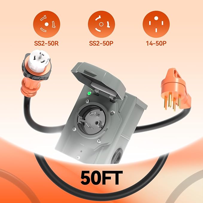 50 Amp Generator Cord 50FT and Power Inlet Box Pre-Drilled 50 Amp Generator Inlet Box with Cord NEMA 14-50P to SS2-50R Waterproof Cable Combo Kit 125/250V ETL Listed