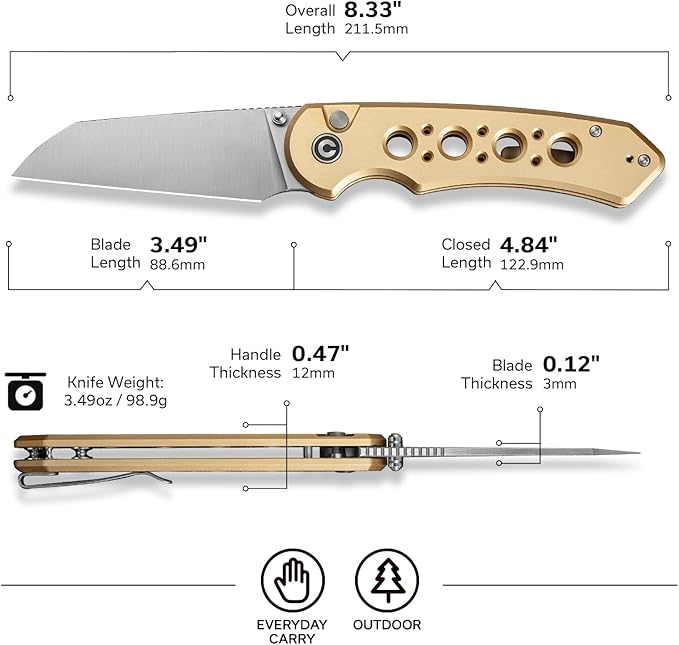 CIVIVI Pragma Prime Pocket Knife for EDC 3.49 14C28N Blade Aluminum Handle with Reversible Clip Camping Hiking Folding Knife for Men Women C24067-3 Champagne