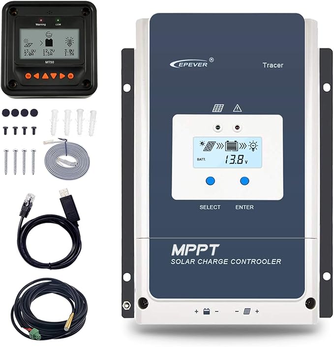 EPEVER 60A MPPT Solar Charge Controller 12V/24V/36V/48V Auto Max.PV 150V Input Negative Ground Solar Panel Charge Regulator with MT50 Remote Meter Temperature Sensor RTS &amp PC Communication Cable R