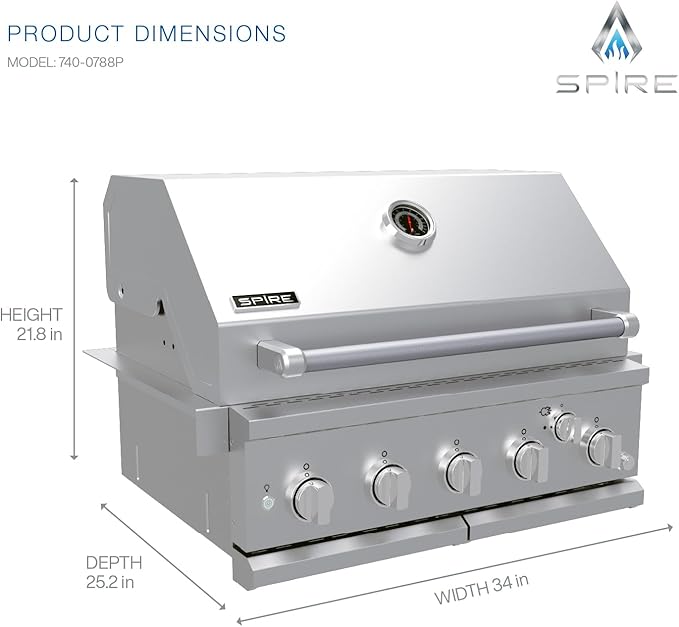 Spire Premium 5 Burner Built In Gas Grill Island Head Stainless Steel 30 Inch Propane Grill with Rear Burner 63000 BTUs 750 SQ In Racks Dual Fuel Compatibility - 740-0788P