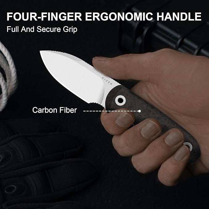 Kizer Drop Bear Fixed Blade Knife 2.57 M390 Satin Blade EDC Camping Knife with Black Carbon Fiber Handle &amp Built-in Tools Outdoor Small Hunting Survival Knives with Kydex Sheath 1094A3
