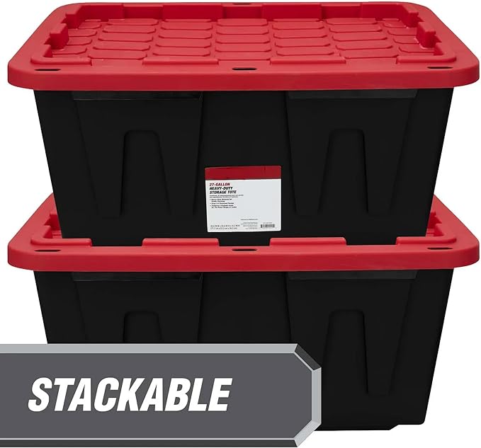 27 Gallon Industrial Storage Tote with Snap-On Lid Black and Red Plastic Bin 28.5 x 19.6 x 15.5 Inches 4 pack (4 red)