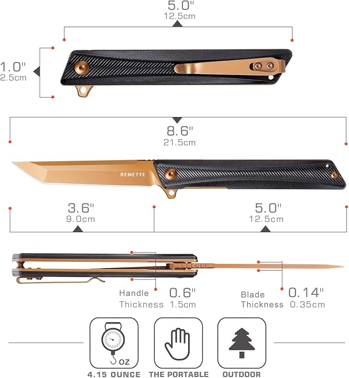 REMETTE Pocket Knife GD22K Flipper Open D2 Steel Tanto Folding knife with Durable G10 HandleMen Women Everyday Carry EDC KnifeSharp Camping Hiking Daily Work Knives