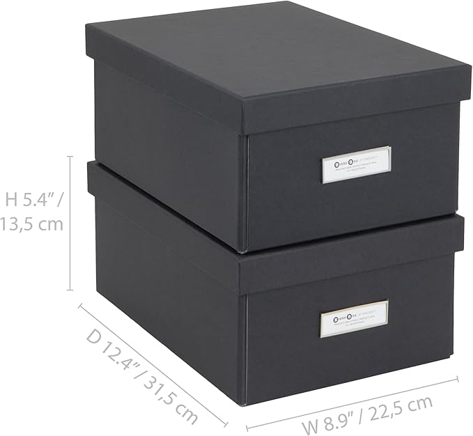 Bigso Box of Sweden Karin Collapsible Storage Box with Labelframe for Identification - Simple Assembly without Tools - Decorative Storage Boxes with Lids - 8.9in x 12.4in x 5.4in - 2 Pack - Dark Gray
