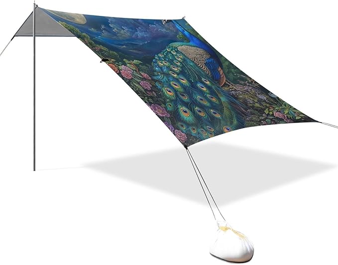 ALAZA Peacock Moon Flower Beach Tent Sun Shelter Portable Canopy Sunshade for Outdoor Camping Picnics Backyard Fun 10x9 ft
