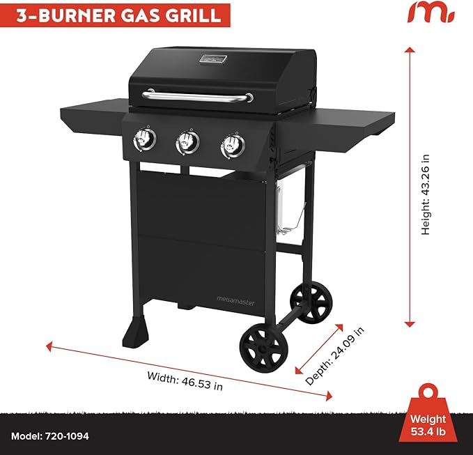 Megamaster 3-Burner Propane Gas Grill with Side Tables 30000BTUs 429.81 SQ. In. Cooking Space 2 Wheel Transport Outdoor Kitchen Grill for BBQs Backyards Tailgating and More - 720-1094