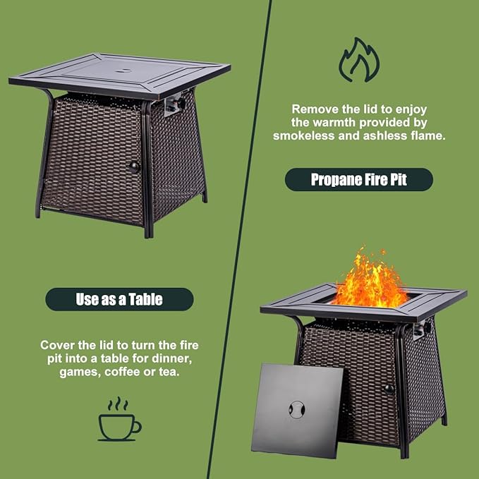 OutVue 28 inch Wicker Propane Fire Pit TableGas Fire Pits Table for Outside50000 BTU Propane Firepit with Lid &ampLava RocksGas Firepit for GardenYard (Brown Rattan)