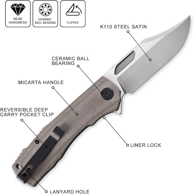 Petrified fish PFP03 Victor3.58 K110 Satin Blade140g Micarta Handel Flipper Liner lock Folding knife (Khaki Satin)