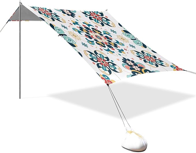 Traditional Talavera Tile Beach Tent Sun Shelter Set UPF50+ UV Protection 10.5 x 9.19 FT Camping Shade Canopy with Sandbags Sand Anchors Carrying Bag and Others
