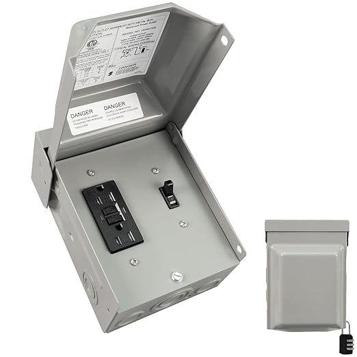 15Amp WRTR GFCI with 15Amp Switch Power Outlet Box 125V Heavy Duty Lockable Weatherproof Outdoor Electrical Panel Outdoor Receptacle for EV Generator Camper Motorhome ETL Listed HDS2-009