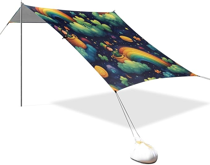 St Patrick's Rainbow Coins Leprechauns Beach Tent Sun Shelter Set UPF50+ UV Protection 10.5 x 9.19 FT Camping Shade Canopy with Sandbags Sand Anchors Carrying Bag and Others