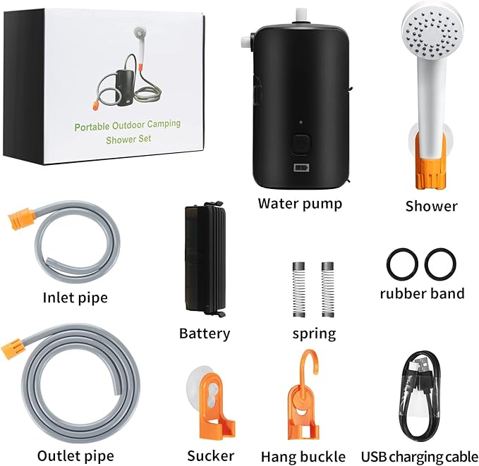 Portable camping shower set 4400mAh batteryself suction shower pumpsuitable for family camping hikingbackpackingbeachpetspumping the water from the bucket into a stable and gentle shower flow
