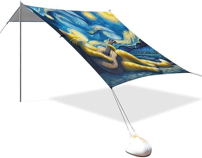 Starry Night Guitar Cat Beach Tent Sun Shelter Set UPF50+ UV Protection 10.5 x 9.19 FT Camping Shade Canopy with Sandbags Sand Anchors Carrying Bag and Others