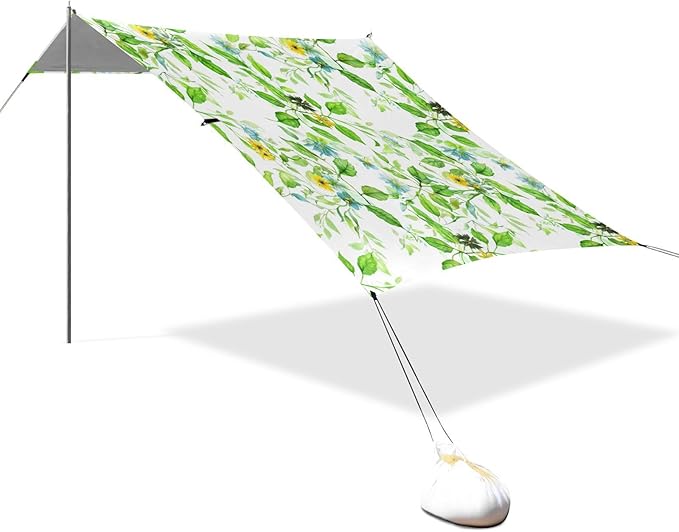 xigua Leave Beach Tent Sun Shelter with Carrying Bag - Silver Coated Oxford Fabric Beach Canopy for Beach Camping Fishing - Includes Windproof Ropes Sandbags &amp Stakes