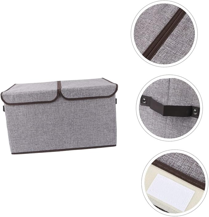 Levemolo Foldable Storage Bin Double Lids and Handles for Organizing Books Crafts Toys and More Grey Cotton Linen Storage Box for Home and Office Use