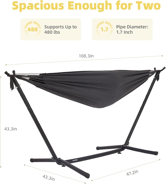 EchoSmile Double Hammock with Detachable Stand - 480 lbs Heavy Duty 2 Person Hammock Adjustable Hooks Indoor Outdoor Stand Hammock Durable Steel Frame - Charcoal Gray