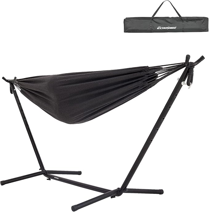 EchoSmile Double Hammock with Detachable Stand - 480 lbs Heavy Duty 2 Person Hammock Adjustable Hooks Indoor Outdoor Stand Hammock Durable Steel Frame - Charcoal Gray