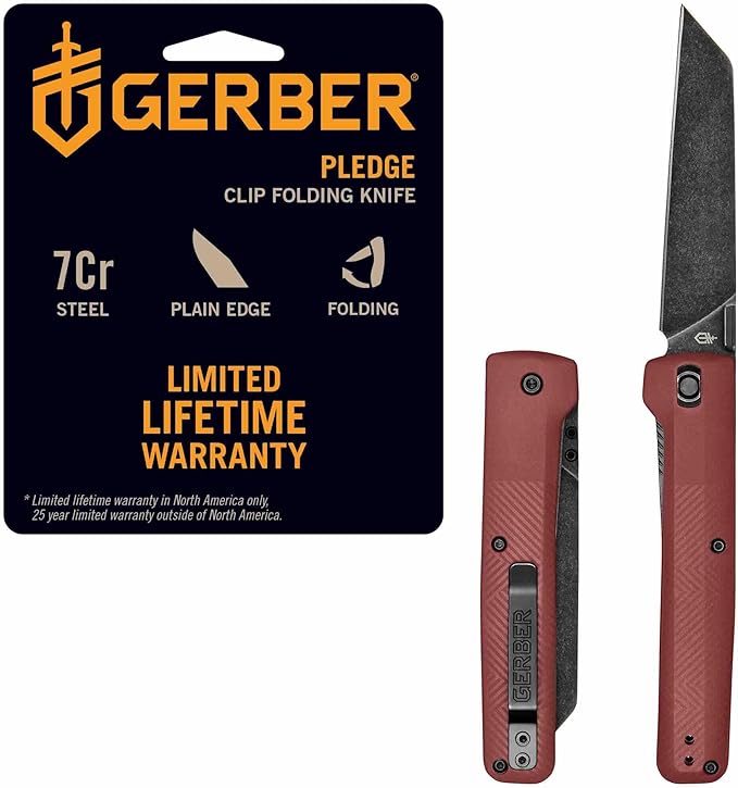 Gerber Gear Pledge Pocket Knife with Pocket Clip - 3.7 Full Panel Plain Edge Blade Folding Knife - EDC Gear and Equipment
