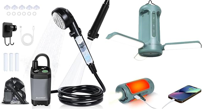 AYAMAYA Portable Shower for Camping + Foldable Camping Lights Rechargeable
