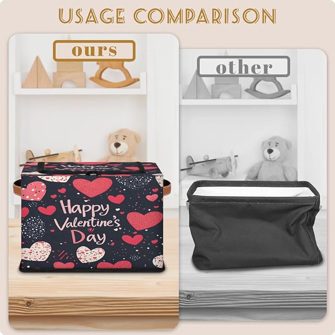 Happy Valentine Storage Bins with Zipper Lid Love Heart Fabric Lidded Storage Baskets Cubes with Handles Decorative Foldable Shelf Closet Organizer Container
