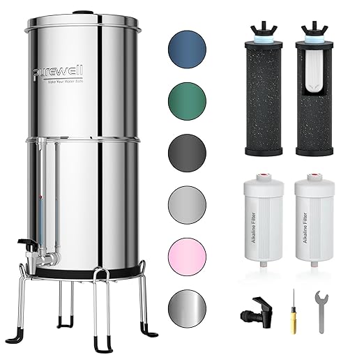 Purewell 7-Stage 0.01μm Ultra-Filtration Alkaline Water Filter System with 4 Filters Metal Water Level Spigot and Stand 304 Stainless Steel Reduce Fluoride &amp Chlorine pH 8-9 2.25G PW-OB-FT