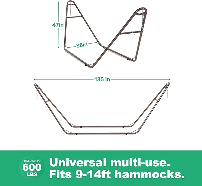 gafete Universal 2 Person Hammock Stand Only 600 lbs Capacity Fits 9 to 14ft Hammocks Adjustable Double Heavy Duty Powder-Coated Steel Stand for Outside Multi-Use (Coffee)