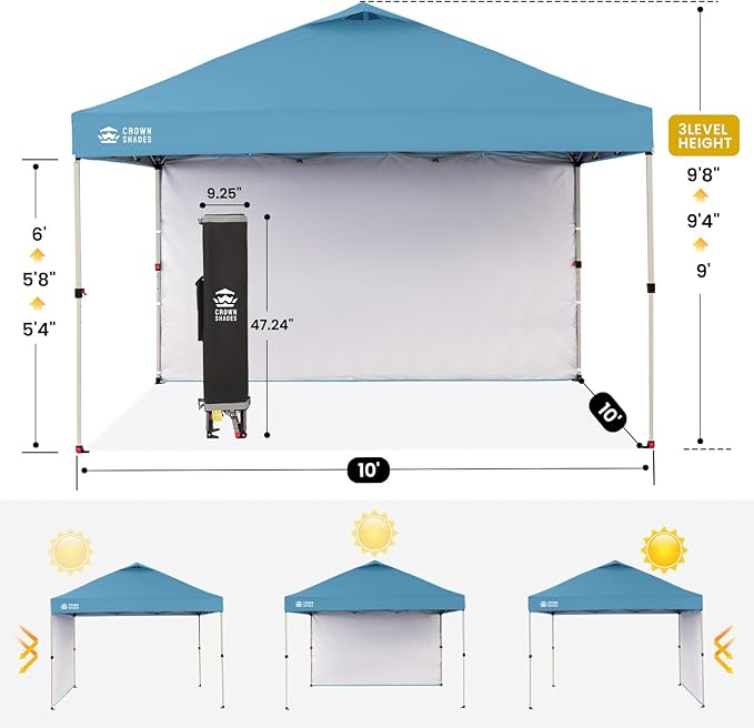 CROWN SHADES 10x10 Pop Up Canopy with 1 Side Wall - Beach Tent with One Push Setup - Outdoor Sun Shade for Events Parties Camping - Gazebo with STO-N-Go Cover Bag (Cyan Blue)
