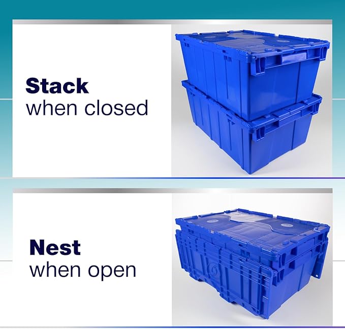 IDL Packaging 10-Gallon Industrial Plastic Tote with Hinged Lids Blue Pack of 1 - Heavy-Duty Large 22L x 15W x 9 H Container for Warehouses Garages and Home Storage