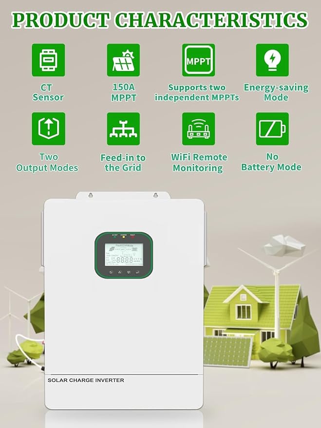 All in One 6500W Solar Hybrid Inverter Pure Sine Wave Inverter with Single PhaseMAX 6 Parallel Work with 48V DC to 110V AC Lead Acid/LiFePO4 for Home RVs (6.5KW-WiFi)