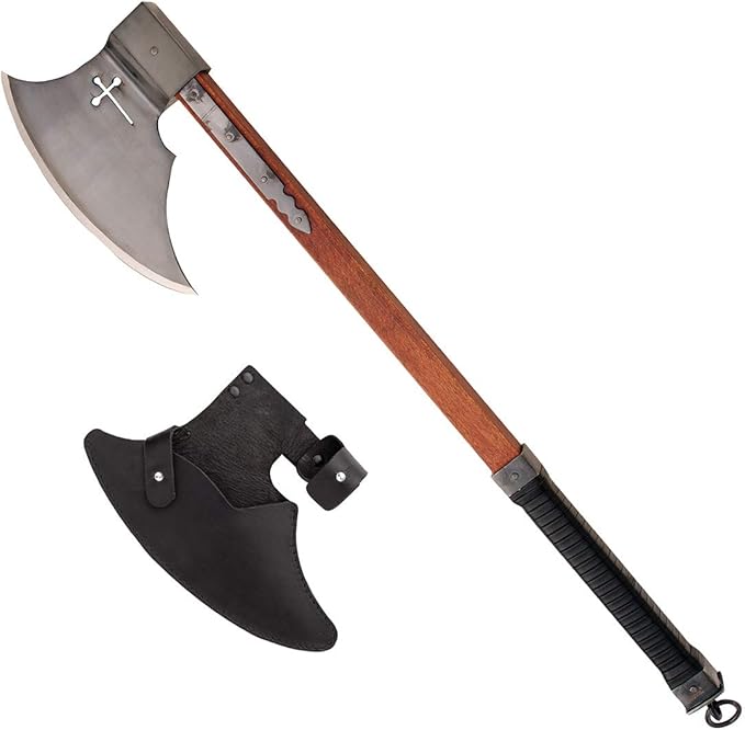 Windlass Hand-Forged Crusader Axe – High Carbon Steel Head with Pierced Cross Leather Grip &amp Cover 30 Medieval Battle Tomahawk for Hunting &amp Camping