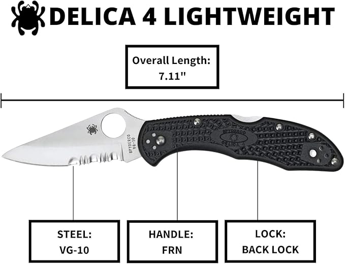 Spyderco Delica 4 Lightweight Folding Pocket Knife with 2 VG-10 Steel Blade and FRN Handle - EDC Knife for Men and Women Perfect for Hunting Tactical Camping Survival - PlainEdge - C11PSBK