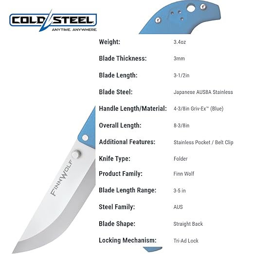 Cold Steel Finn Wolf 3.5in AUS8A Razor-Sharp Straight Back Blade 4.375in Griv-Ex Blue Handle Hunting Folding Knife Boxed