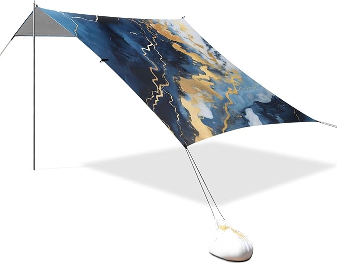 ALAZA Blue &amp White Marble Gold Texture Beach Tent Sun Shelter UPF50+ Protection Beach Shade Canopy w/ 4 Sandbags for Outdoor Camping Fishing Backyard Fun Picnic 10x9 ft