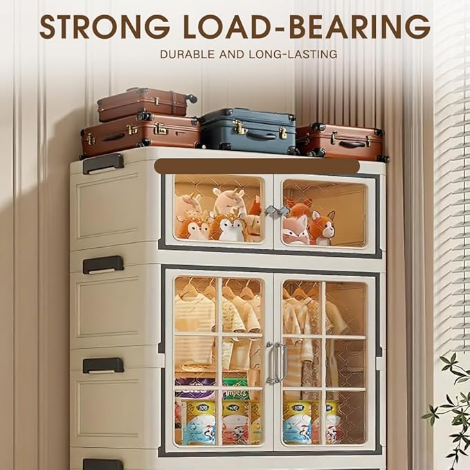 SunSettler Stackable Plastic Storage Cabinet with Transparent Windows Collapsible Closet Organizer with Wheels (1+2 Plus)