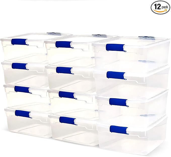 HOMZ 12-Pack Secure Latch Clear Plastic Storage Organizer Bins 15.5 Quart Blue - Stackable Container Boxes for Bedroom Bathroom Garage and Office Organization