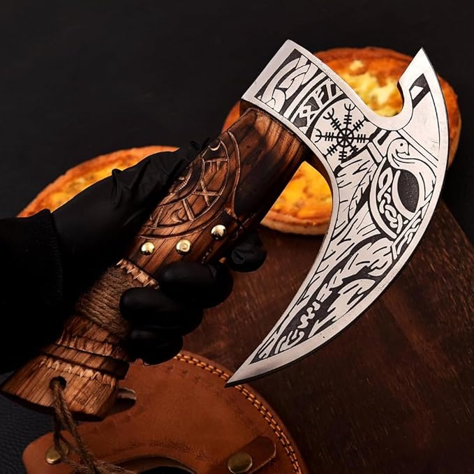 Pizza Cutter Axe Carbon Steel Slicer Chef Viking Axes with Leather Cover - Premium Oven Accessories Ulu Rocking Gifts for Men(Rp Pizza Axe)